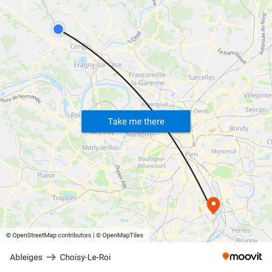 Ableiges to Choisy-Le-Roi map