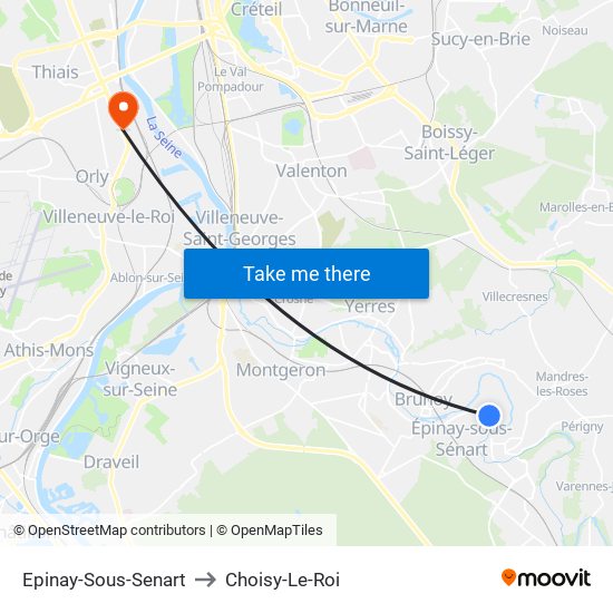 Epinay-Sous-Senart to Choisy-Le-Roi map