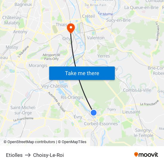 Etiolles to Choisy-Le-Roi map