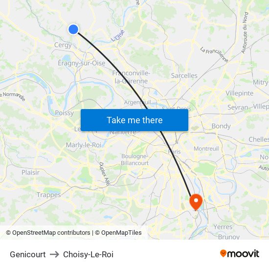 Genicourt to Choisy-Le-Roi map