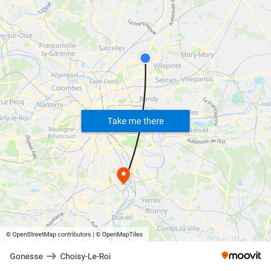 Gonesse to Choisy-Le-Roi map