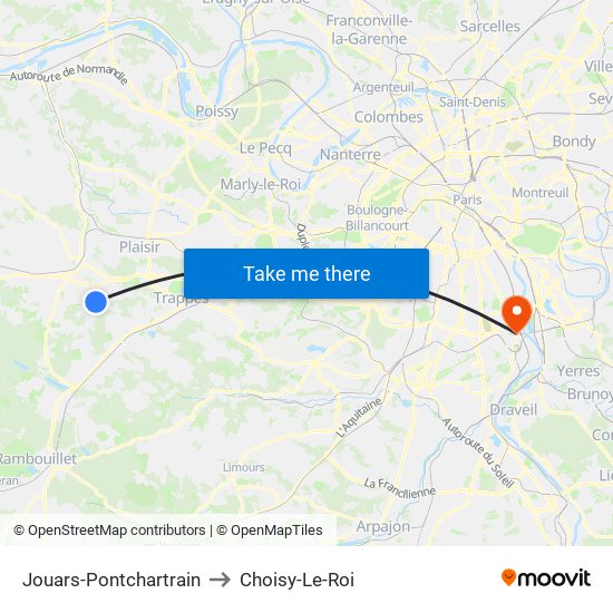 Jouars-Pontchartrain to Choisy-Le-Roi map