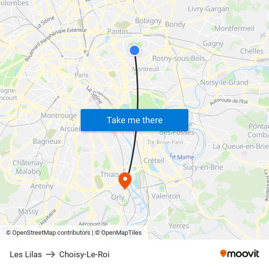 Les Lilas to Choisy-Le-Roi map