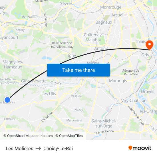 Les Molieres to Choisy-Le-Roi map