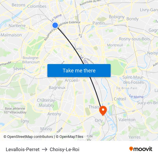 Levallois-Perret to Choisy-Le-Roi map