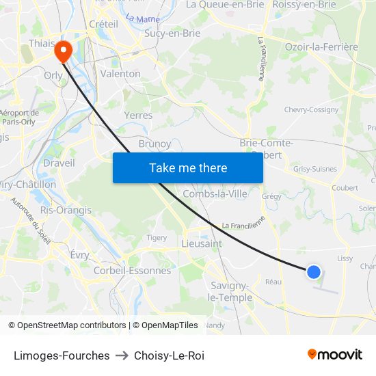 Limoges-Fourches to Choisy-Le-Roi map