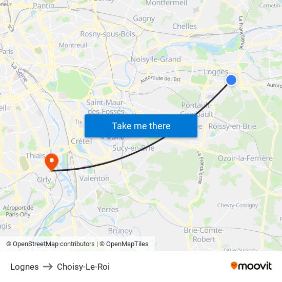 Lognes to Choisy-Le-Roi map