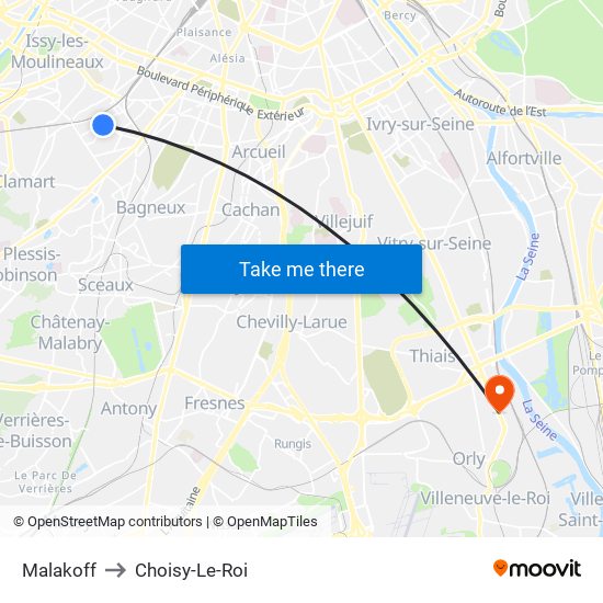 Malakoff to Choisy-Le-Roi map