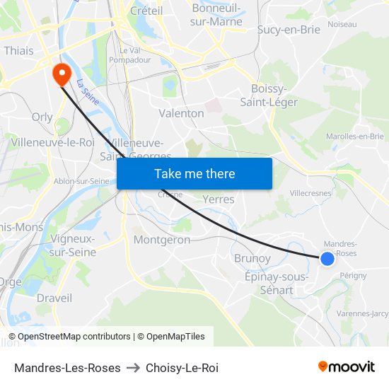 Mandres-Les-Roses to Choisy-Le-Roi map