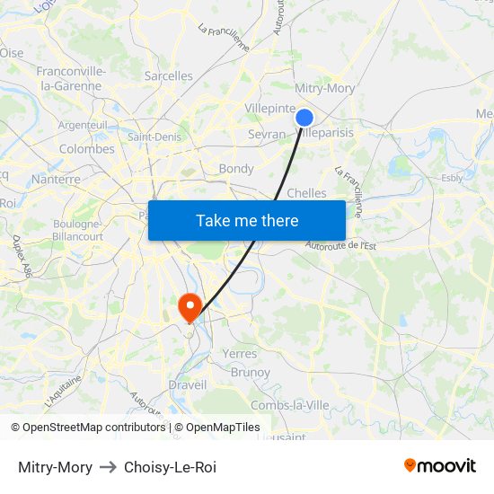 Mitry-Mory to Choisy-Le-Roi map