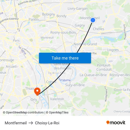 Montfermeil to Choisy-Le-Roi map