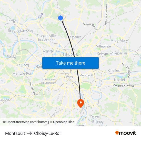 Montsoult to Choisy-Le-Roi map