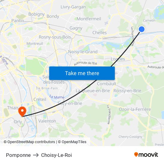 Pomponne to Choisy-Le-Roi map