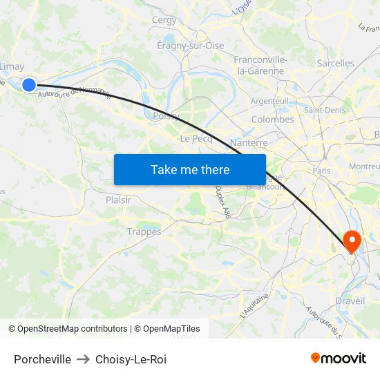 Porcheville to Choisy-Le-Roi map