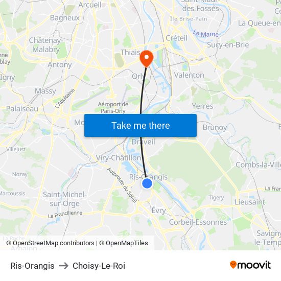 Ris-Orangis to Choisy-Le-Roi map