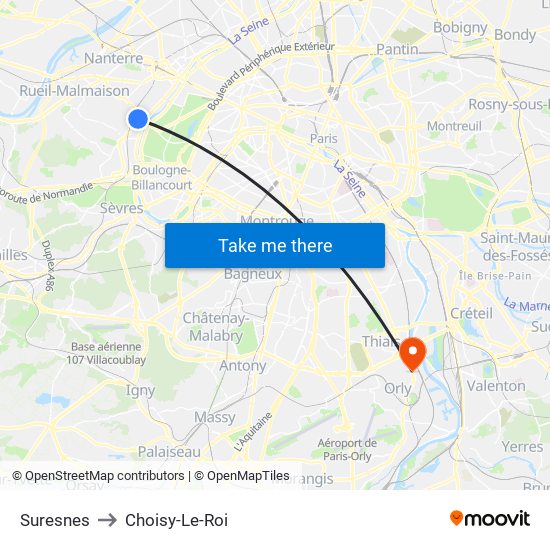 Suresnes to Choisy-Le-Roi map