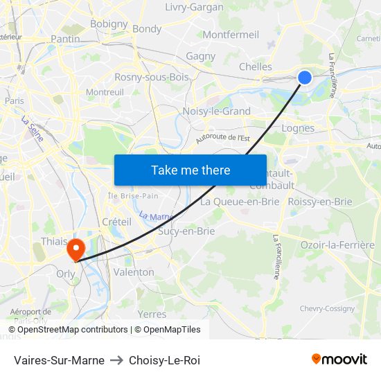 Vaires-Sur-Marne to Choisy-Le-Roi map