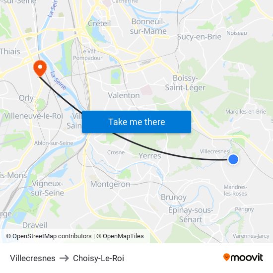 Villecresnes to Choisy-Le-Roi map