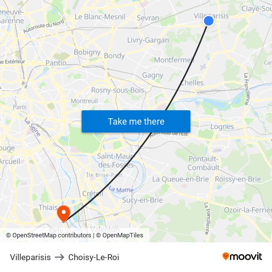 Villeparisis to Choisy-Le-Roi map