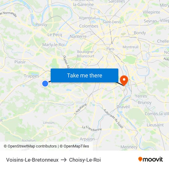 Voisins-Le-Bretonneux to Choisy-Le-Roi map