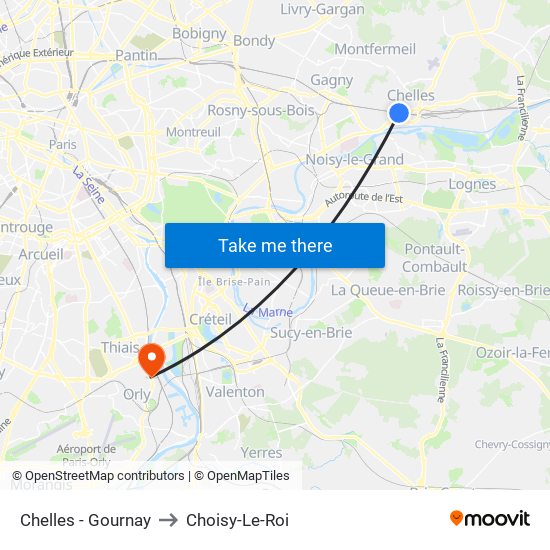 Chelles - Gournay to Choisy-Le-Roi map