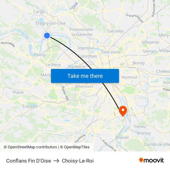 Conflans Fin D'Oise to Choisy-Le-Roi map