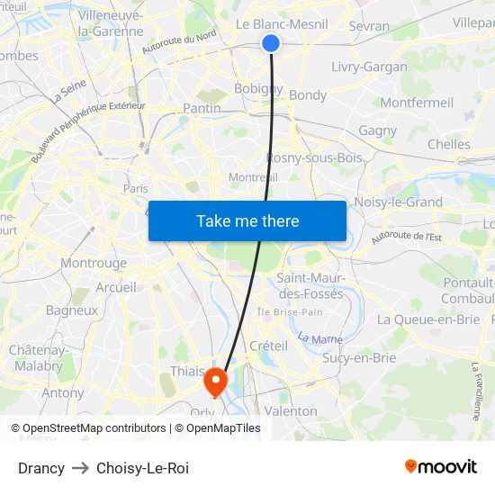 Drancy to Choisy-Le-Roi map