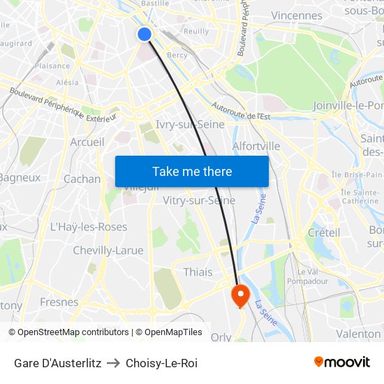 Gare D'Austerlitz to Choisy-Le-Roi map