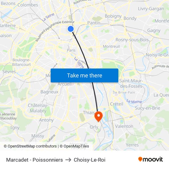 Marcadet - Poissonniers to Choisy-Le-Roi map