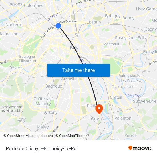 Porte de Clichy to Choisy-Le-Roi map