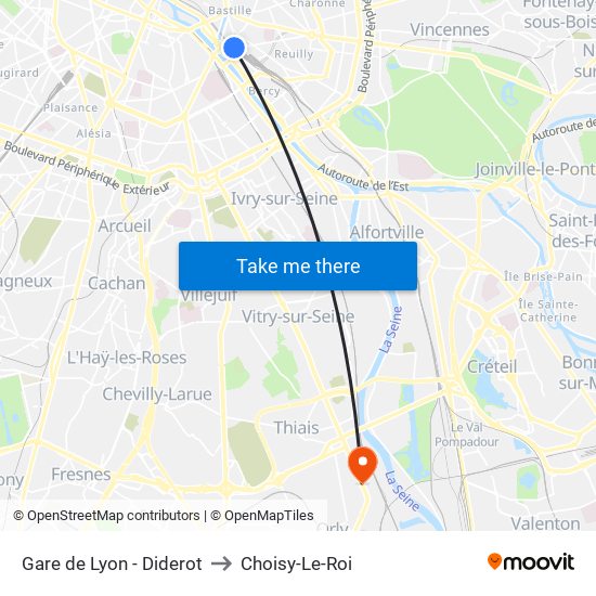 Gare de Lyon - Diderot to Choisy-Le-Roi map