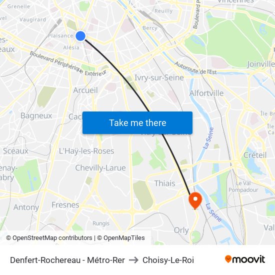 Denfert-Rochereau - Métro-Rer to Choisy-Le-Roi map