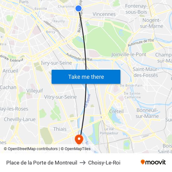 Place de la Porte de Montreuil to Choisy-Le-Roi map