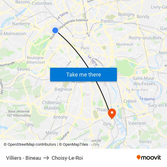 Villiers - Bineau to Choisy-Le-Roi map