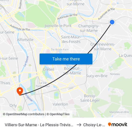 Villiers-Sur-Marne - Le Plessis-Trévise RER to Choisy-Le-Roi map