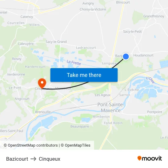 Bazicourt to Cinqueux map