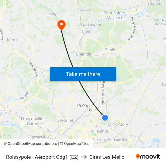 Roissypole - Aéroport Cdg1 (E2) to Cires-Les-Mello map