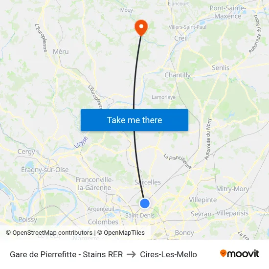 Gare de Pierrefitte - Stains RER to Cires-Les-Mello map