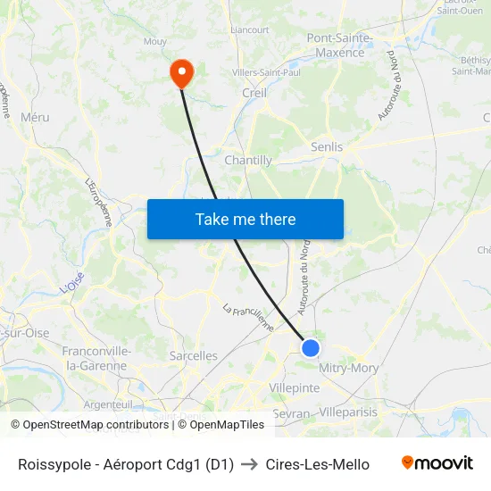Roissypole - Aéroport Cdg1 (D1) to Cires-Les-Mello map