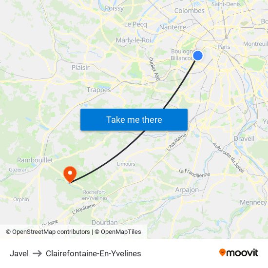 Javel to Clairefontaine-En-Yvelines map