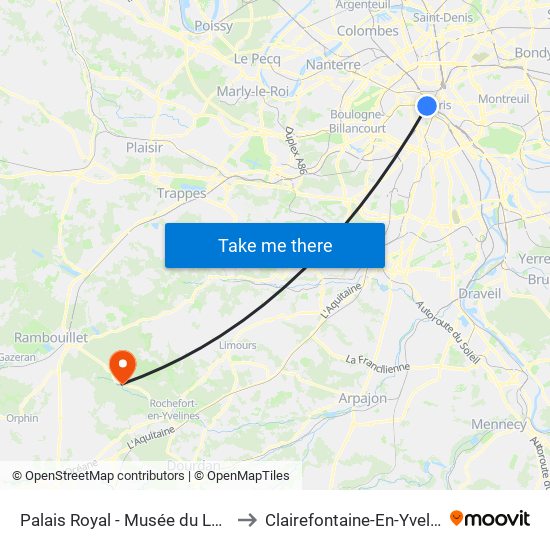 Palais Royal - Musée du Louvre to Clairefontaine-En-Yvelines map