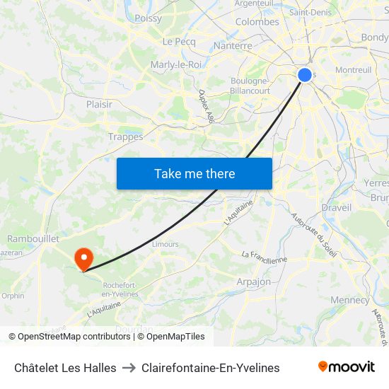 Châtelet Les Halles to Clairefontaine-En-Yvelines map