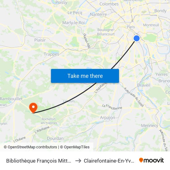 Bibliothèque François Mitterrand to Clairefontaine-En-Yvelines map