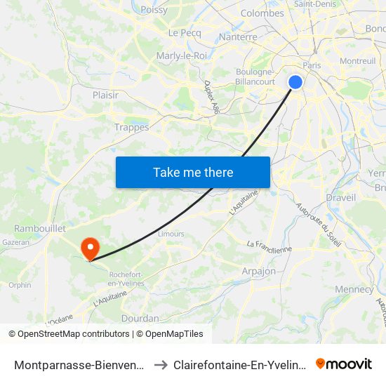 Montparnasse-Bienvenue to Clairefontaine-En-Yvelines map