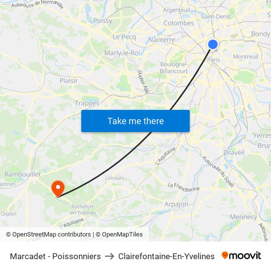 Marcadet - Poissonniers to Clairefontaine-En-Yvelines map