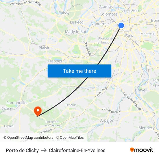 Porte de Clichy to Clairefontaine-En-Yvelines map