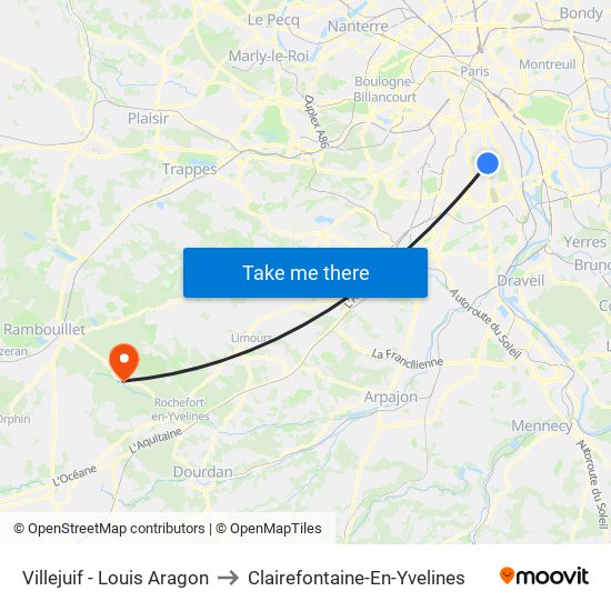 Villejuif - Louis Aragon to Clairefontaine-En-Yvelines map