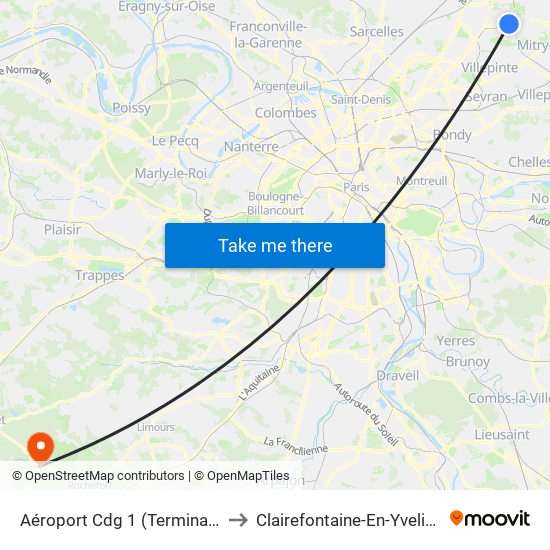 Aéroport Cdg 1 (Terminal 3) to Clairefontaine-En-Yvelines map