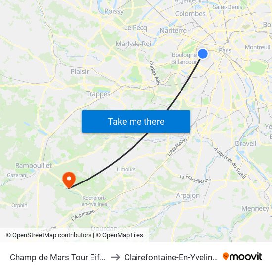 Champ de Mars Tour Eiffel to Clairefontaine-En-Yvelines map