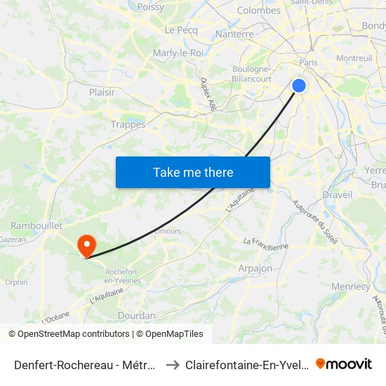 Denfert-Rochereau - Métro-Rer to Clairefontaine-En-Yvelines map